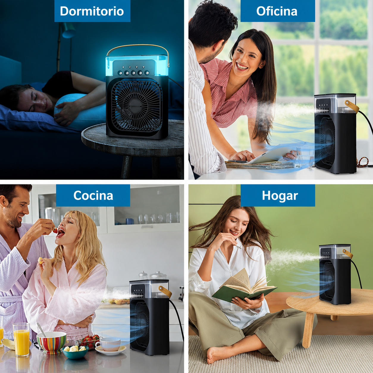 Ventilador Portátil con Humidificador, 3 Velocidades, Luz LED