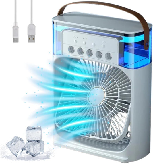 Ventilador Portátil con Humidificador, 3 Velocidades, Luz LED