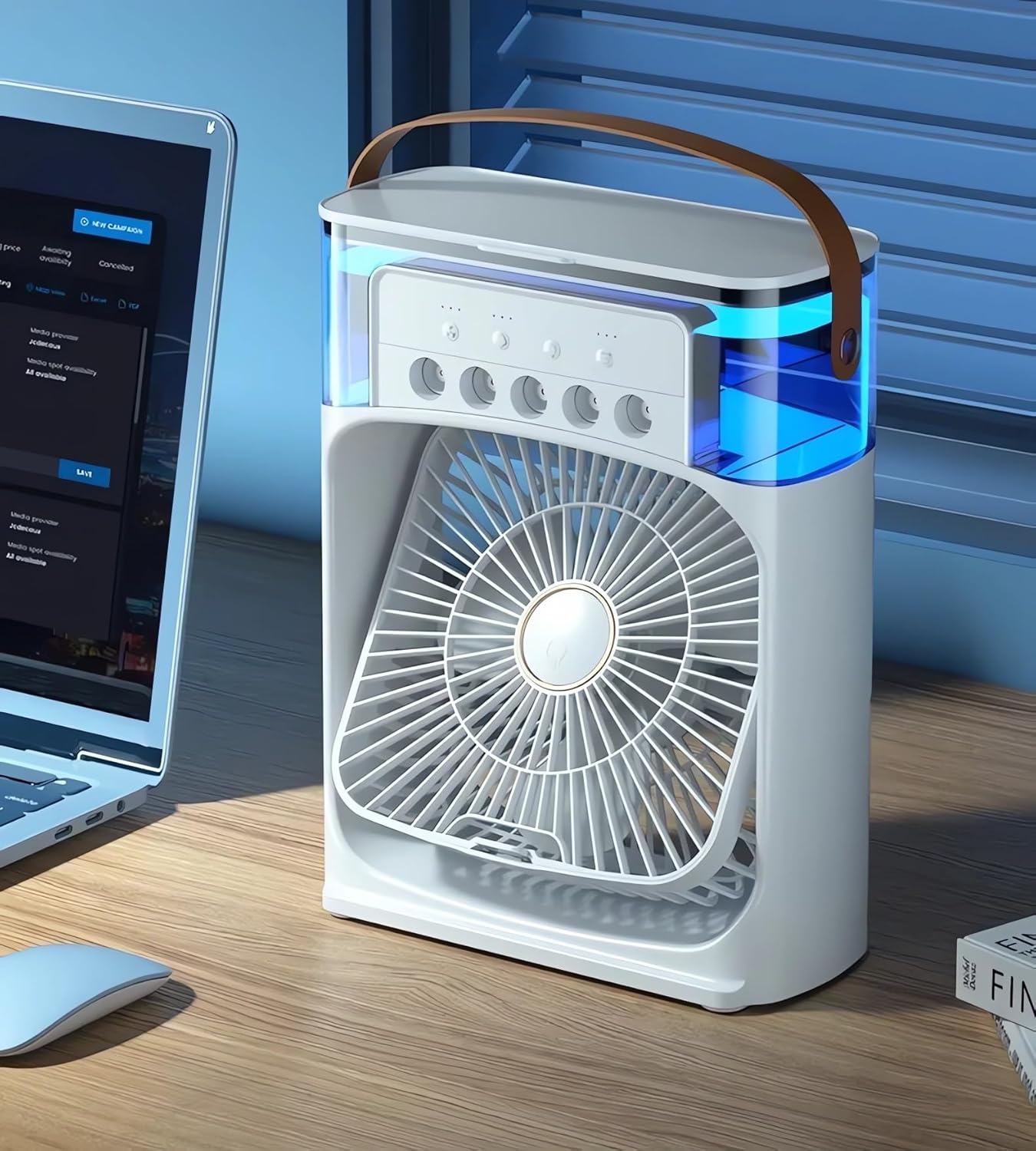 Ventilador Portátil con Humidificador, 3 Velocidades, Luz LED