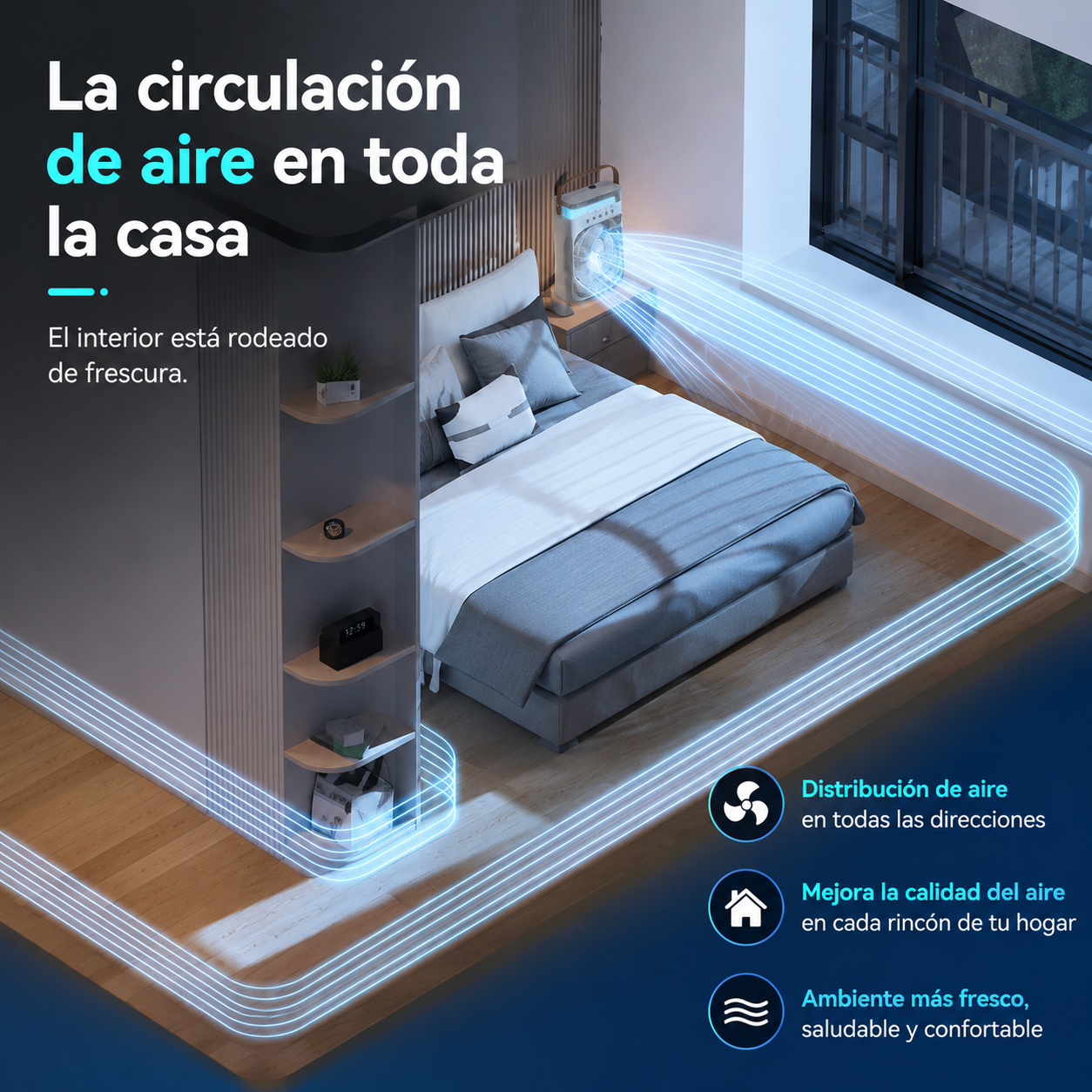 Ventilador Portátil con Humidificador, 3 Velocidades, Luz LED