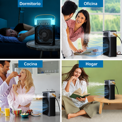 Ventilador Portátil con Humidificador, 3 Velocidades, Luz LED