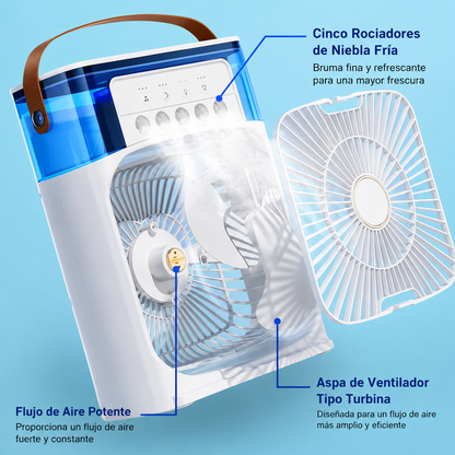 Ventilador Portátil con Humidificador, 3 Velocidades, Luz LED